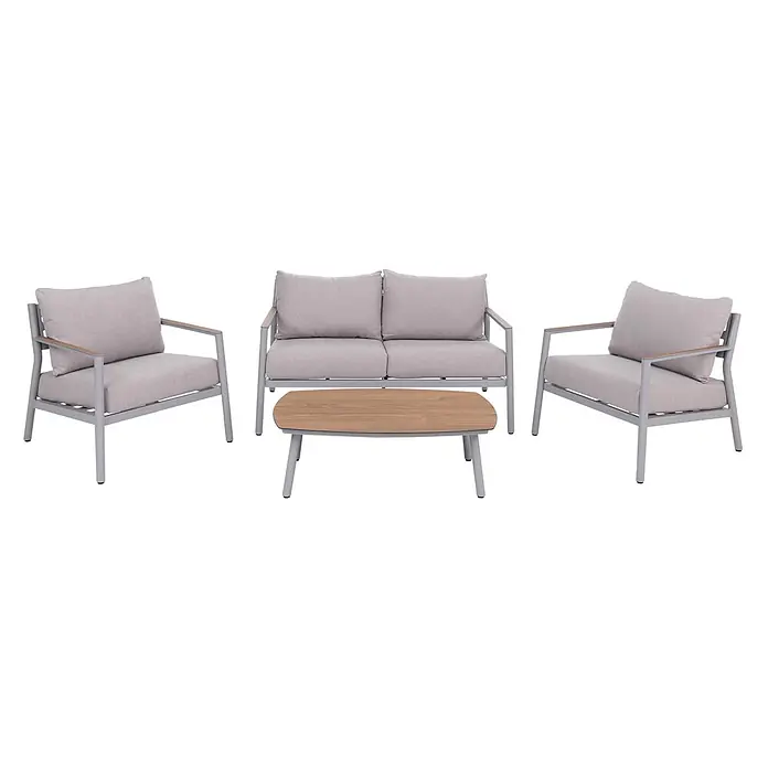 Aluminium Gartengarnitur | Lounge-Set Sitzgruppe Sofa Gartenlounge | Stoff/Textil Olefin 210g/m2 | Creme-Beige -  - Hellgraues Outdoor-Sofa-Set mit Metallrahmen, Holzdetails, 2 Sesseln, Zweisitzer und Couchtisch.