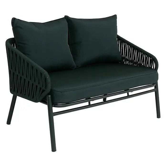 Gartengarnitur Lounge-Set | Gartenlounge Sofa Sessel Tisch | Seilgeflecht Rope Stoff/Textil - 180g/m2 - Dunkelgrünes Zweisitzer-Outdoor-Sofa mit geflochtenen Armlehnen und Metallgestell, ausgestattet mit weichen dunkelgrünen Kissen.