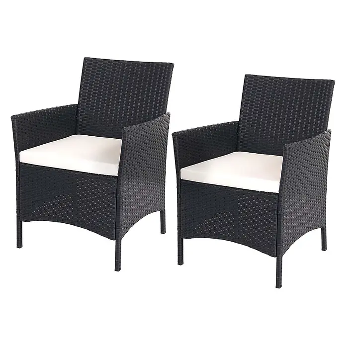 Poly-Rattan-Garnitur | Gartenmöbel Balkon-Set Sitzgarnitur | Anthrazit | Kissen Creme -  - Zwei schwarze Rattan-Sessel mit weißen Kissen.