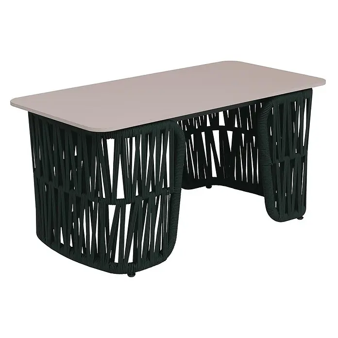 Gartengarnitur Lounge-Set | Gartenlounge Sofa Sessel Tisch | Seilgeflecht Rope Stoff/Textil - 180g/m2 - Rechteckiger Tisch mit heller Platte und dunkelgrünem geflochtenem Seilgestell.