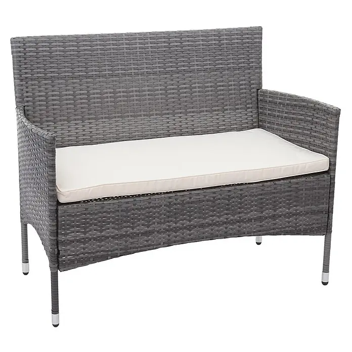 Poly-Rattan Garnitur | Balkon-/Garten-/Lounge-Set Sofa Sitzgruppe | Grau | Kissen Creme -  - Graue Polyrattan-Gartenbank mit weißem Sitzkissen.