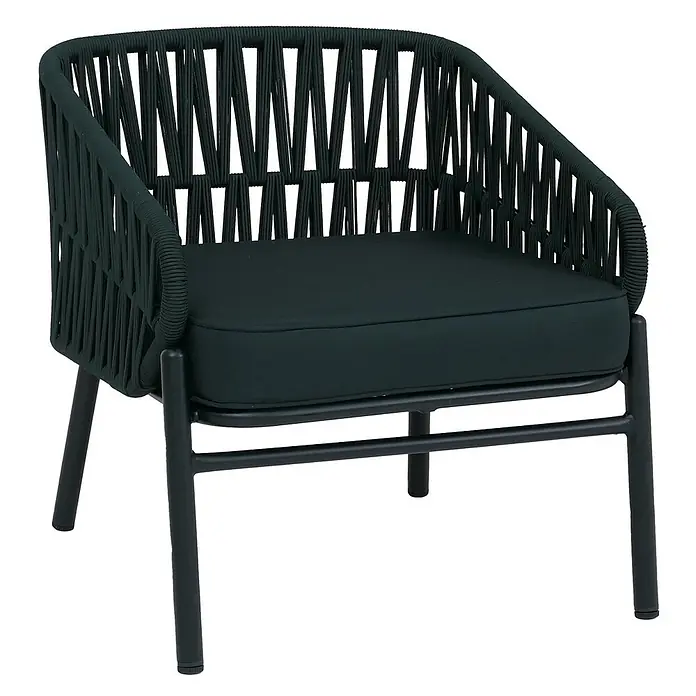 Gartengarnitur Lounge-Set | Gartenlounge Sofa Sessel Tisch | Seilgeflecht Rope Stoff/Textil - 180g/m2 - Dunkelgrüner Outdoor-Loungesessel mit geflochtener Rückenlehne und Armlehnen, weichem Kissen und stabilem Metallrahmen.