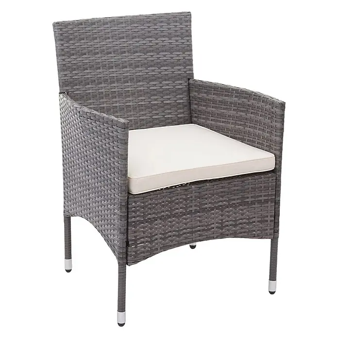Poly-Rattan Garnitur | Balkon-/Garten-/Lounge-Set Sofa Sitzgruppe | Grau | Kissen Creme -  - Grauer Rattan-Sessel mit weißem Kissen, ideal für Garten oder Terrasse.