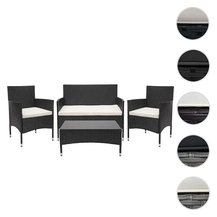 Poly-Rattan Garnitur | Balkon-/Garten-/Lounge-Set Sofa Sitzgruppe | Grau | Kissen Dunkelgrau -  - Schwarzes Rattan 4-teiliges Gartenmöbelset mit weißen Kissen, bestehend aus einem Zweisitzer, zwei Sesseln und einem Couchtisch mit Glasplatte.