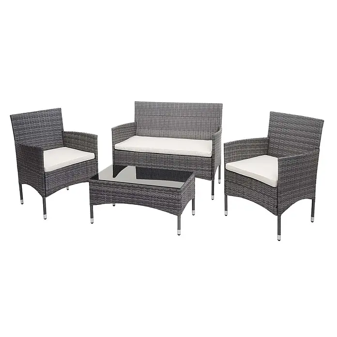 Poly-Rattan Garnitur | Balkon-/Garten-/Lounge-Set Sofa Sitzgruppe | Grau | Kissen Creme -  - Graue Rattan-Gartenmöbelgarnitur mit zwei Sesseln, einem Zweisitzer-Sofa und einem Couchtisch mit Glasplatte, alle mit weißen Kissen.