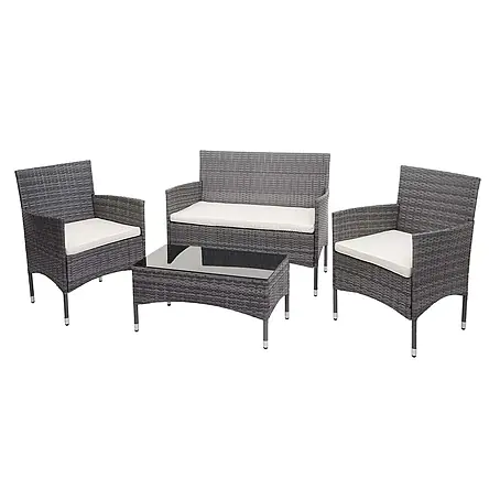 Poly-Rattan Garnitur | Balkon-/Garten-/Lounge-Set Sofa Sitzgruppe | Grau | Kissen Creme