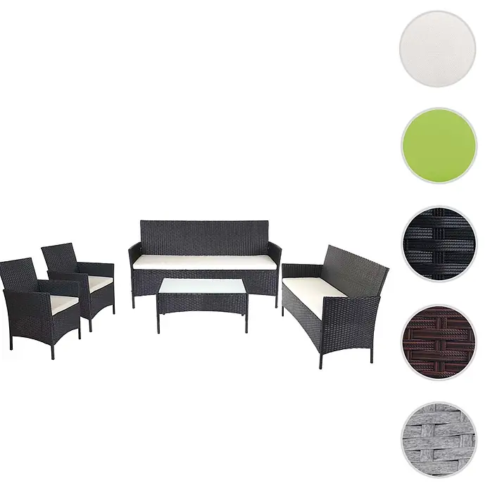 3-2-1-1 Poly-Rattan Garten-Garnitur | Lounge-Set Sitzgruppe Sofa | Braun-Meliert | Kissen Creme -  - Fünfteilige schwarze Rattan-Gartenmöbelgarnitur mit hellen Auflagen und Glastisch.