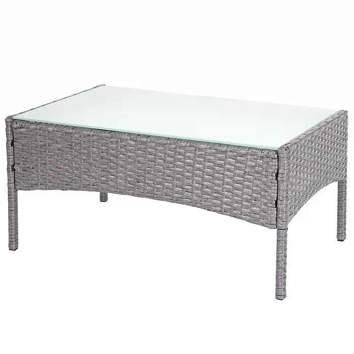Mendler Loungemöbel-Set - 5 -tlg., Polyrattan, Grau, Kissen creme, Grau, creme - Grauer Rattan-Couchtisch für den Außenbereich mit rechteckiger Milchglasplatte.