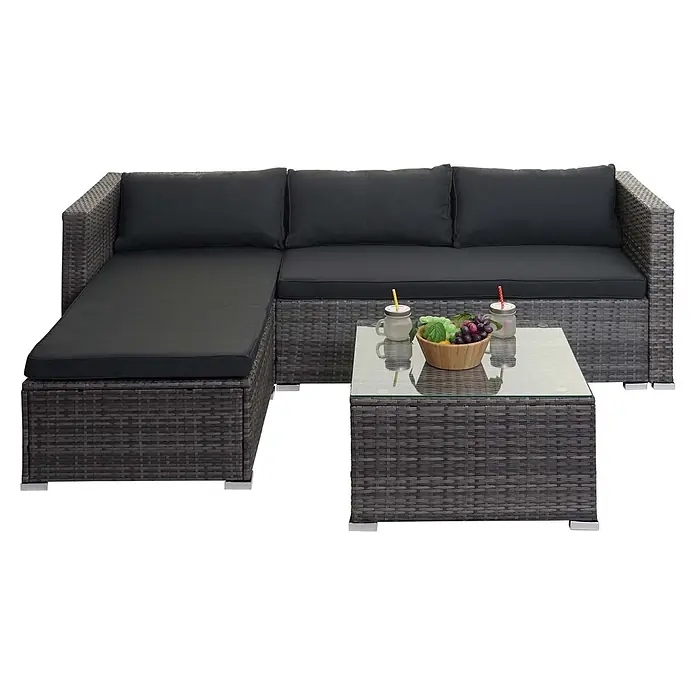 Mendler Garnitur HWC-F57 - grau, Kissen dunkelgrau ohne Deko-Kissen -  - Graues Rattan L-förmiges Ecksofa mit schwarzen Kissen und passendem Couchtisch mit Glasplatte, für den Außenbereich.