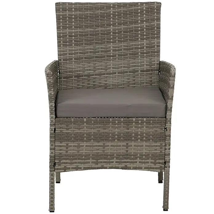 Poly-Rattan Garten-Garnitur | Sitzgruppe Lounge-Set | Metall Glas Stoff/Textil - 180g/m2 - Grauer Rattan-Gartenstuhl mit Armlehnen und grauem Kissen.