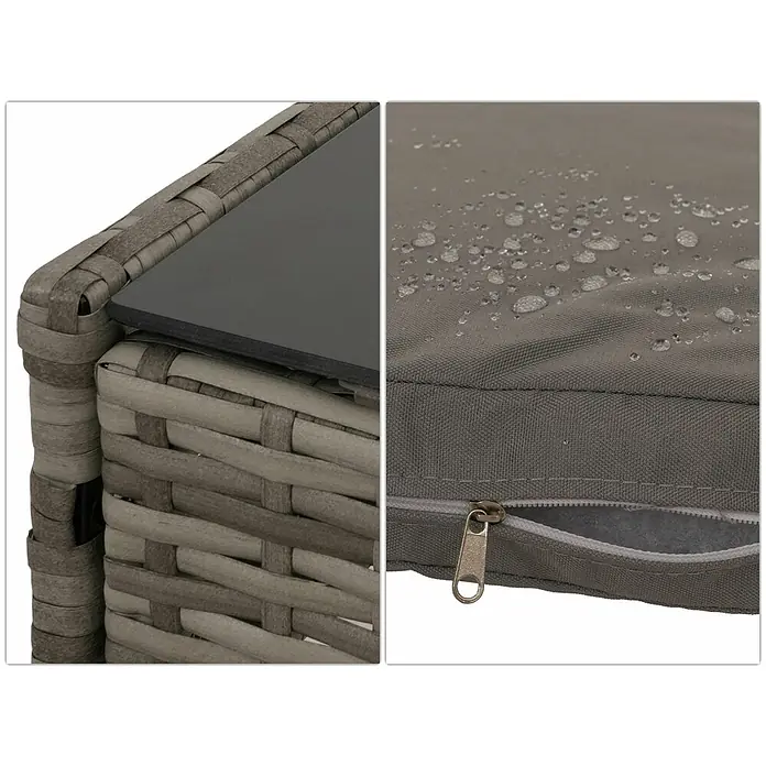 Poly-Rattan Garten-Garnitur | Sitzgruppe Lounge-Set | Metall Glas Stoff/Textil - 180g/m2 - Nahaufnahme von grauen geflochtenen Gartenmöbeln mit dunkler Tischplatte und wasserabweisendem Kissen mit Reißverschluss.