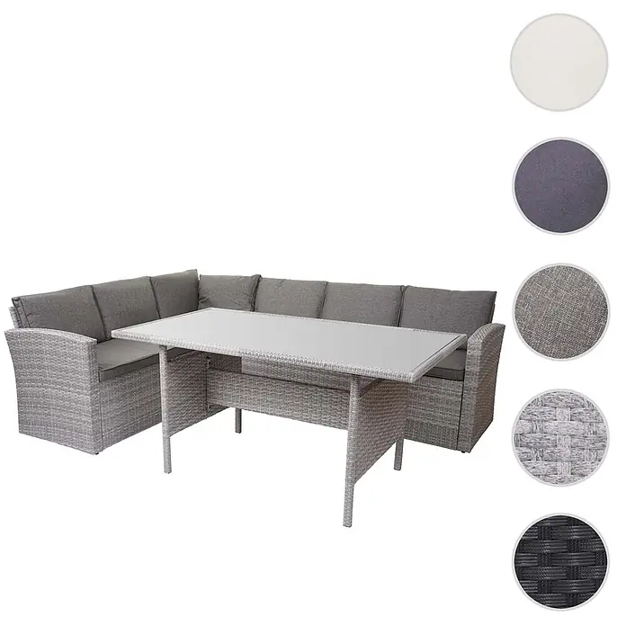 Poly-Rattan-Garnitur | Gartengarnitur Sitzgruppe Lounge-Esstisch-Set Sofa | Hellgrau | Kissen Creme + 2x Hocker -  - Graues Polyrattan-Ecksofa mit Kissen und Glastisch, geeignet für den Außenbereich.