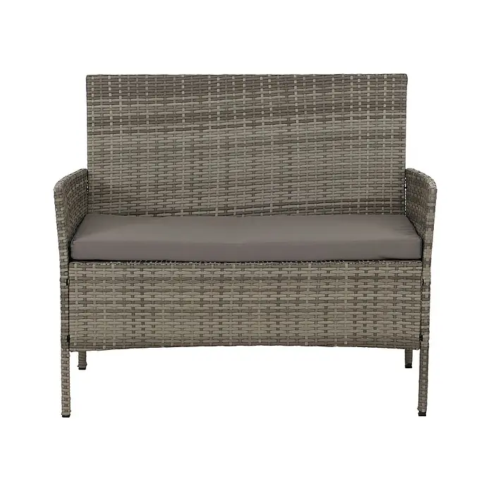 Poly-Rattan Garten-Garnitur | Sitzgruppe Lounge-Set | Metall Glas Stoff/Textil - 180g/m2 - Graue Rattan-Zweisitzer-Gartenbank mit grauem Kissen.