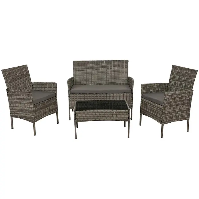 Poly-Rattan Garten-Garnitur | Sitzgruppe Lounge-Set | Metall Glas Stoff/Textil - 180g/m2 - Graues Rattan 4-teiliges Gartenmöbel-Set mit dunkelgrauen Kissen, bestehend aus einem Zweiersofa, zwei Sesseln und einem Couchtisch mit Glasplatte.