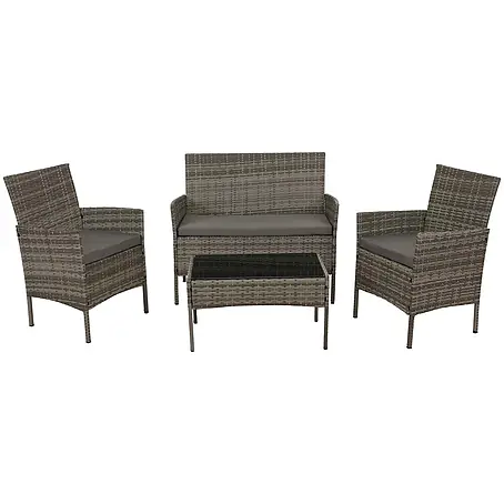 Poly-Rattan Garten-Garnitur | Sitzgruppe Lounge-Set | Metall Glas Stoff/Textil (180g/m2) | Grau | Kissen Hellgrau
