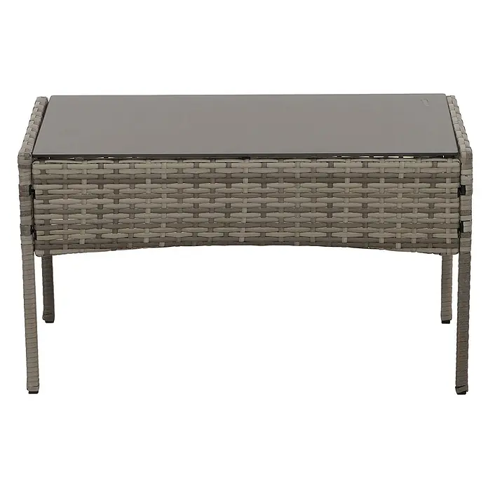 Poly-Rattan Garten-Garnitur | Sitzgruppe Lounge-Set | Metall Glas Stoff/Textil - 180g/m2 - Grauer Rattan-Gartentisch mit rechteckiger Glasplatte.