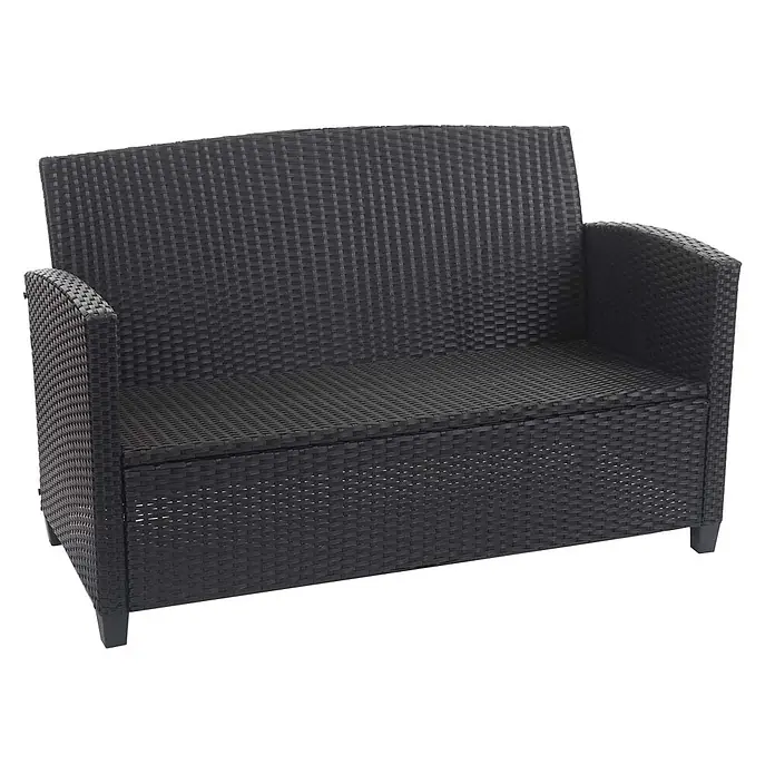 Mendler Loungemöbel-Set HWC-F10 - 4 -tlg., Polyrattan, Anthrazit, Schwarz - Dunkelgraue 2-Sitzer Outdoor-Sitzbank aus Polyrattan mit Stauraum und Flechtmuster.