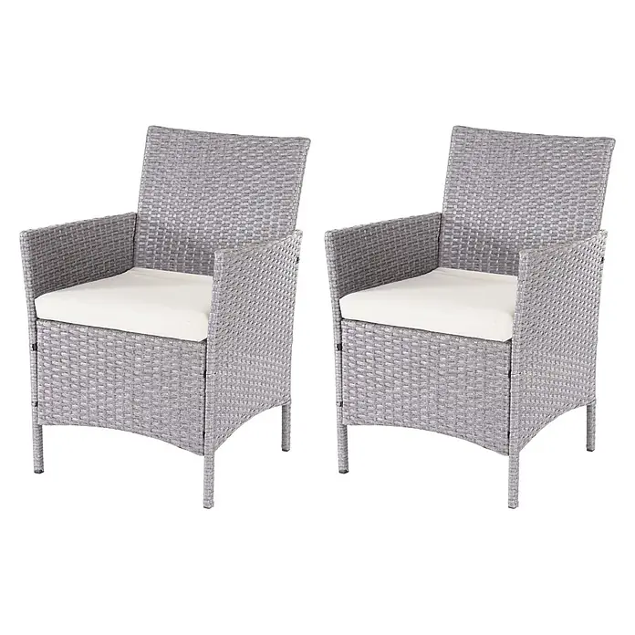 Mendler Gartenmöbel-Set - 7 -tlg., Polyrattan, Grau, Kissen creme, Grau, Kissen creme - Zwei graue Polyrattan-Gartensessel mit weißen Sitzkissen, ideal für den Außenbereich.
