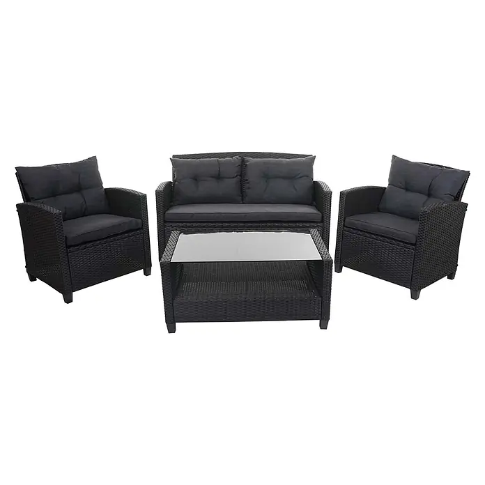 XXL Poly-Rattan Garnitur | Balkon-/Garten-/Lounge-Set Sitzgruppe | Sofa Sessel mit Kissen Spun Poly | Anthrazit -  - Schwarzes Rattan-Gartenmöbelset mit dunkelgrauen Kissen und einem Couchtisch mit Glasplatte.