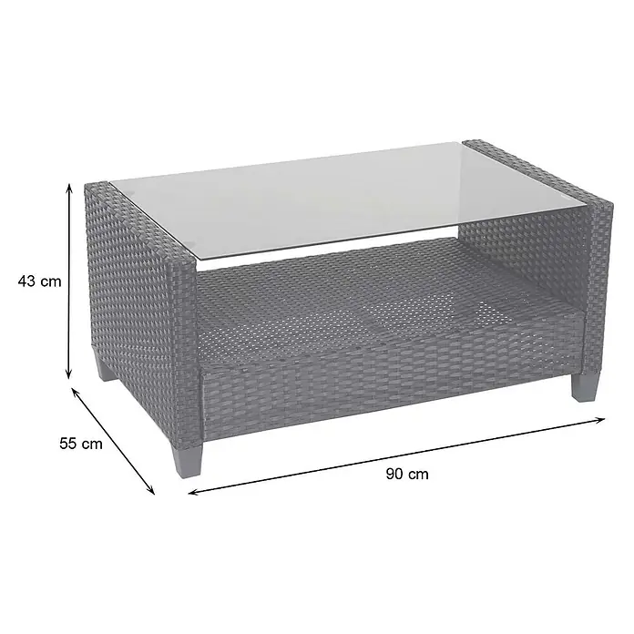 XXL Poly-Rattan Garnitur | Balkon-/Garten-/Lounge-Set Sitzgruppe | Sofa Sessel mit Kissen Spun Poly | Anthrazit -  - Grauer Kaffeetisch in Rattan-Optik für den Außenbereich mit Glasplatte.