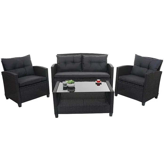 XXL Poly-Rattan Garnitur | Balkon-/Garten-/Lounge-Set Sitzgruppe | Sofa Sessel mit Kissen Spun Poly | Anthrazit -  - Schwarzes Rattan-Gartenmöbelset mit dunkelgrauen Kissen und einem Couchtisch mit Glasplatte.