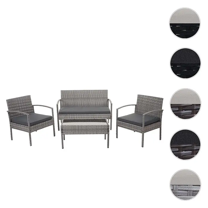 Poly-Rattan Garnitur | Balkon-/Garten-/Lounge-Set Sitzgruppe | Grau | Kissen Dunkelgrau -  - Graues 4-teiliges Rattan-Gartenmöbelset mit dunkelgrauen Kissen, bestehend aus zwei Stühlen, einem Sofa und einem Tisch.