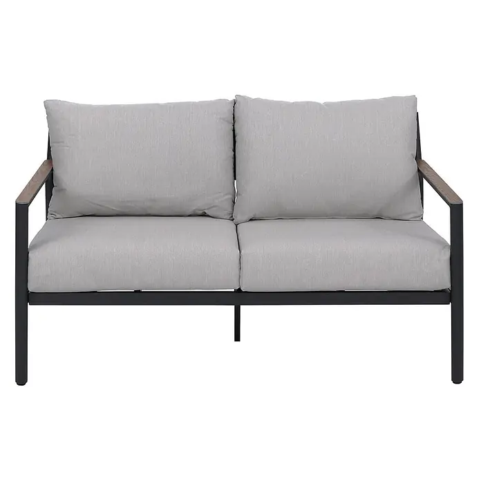 Aluminium Gartengarnitur | Lounge-Set Sitzgruppe Sofa Gartenlounge | Stoff/Textil Olefin 210g/m2 | Hellgrau -  - Zweisitziges Outdoor-Sofa mit hellgrauen Kissen, dunkelgrauem Metallrahmen und Holzarmlehnen.