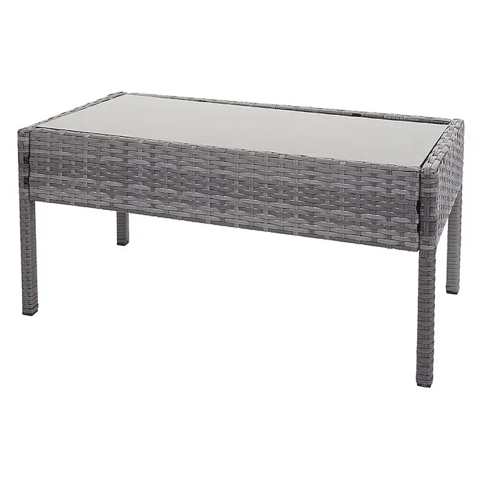 Poly-Rattan Garnitur | Balkon-/Garten-/Lounge-Set Sitzgruppe | Grau | Kissen Dunkelgrau -  - Rechteckiger grauer Rattan-Couchtisch für den Außenbereich mit Glasplatte.