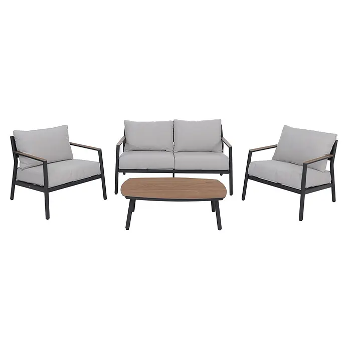 Aluminium Gartengarnitur | Lounge-Set Sitzgruppe Sofa Gartenlounge | Stoff/Textil Olefin 210g/m2 | Hellgrau -  - Dunkelgraues Outdoor-Loungeset: zwei Sessel, Zweisitzer-Sofa, Couchtisch, hellgraue Kissen und Holzoptik-Akzente.