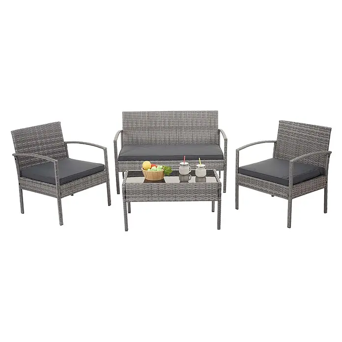 Poly-Rattan Garnitur | Balkon-/Garten-/Lounge-Set Sitzgruppe | Grau | Kissen Dunkelgrau -  - Gartengarnitur aus grauem Rattan mit zwei Sesseln, einer Zweisitzerbank und einem Couchtisch mit dunkelgrauen Kissen.