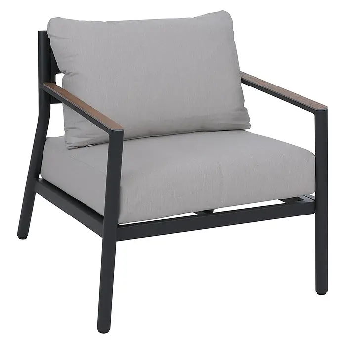Aluminium Gartengarnitur | Lounge-Set Sitzgruppe Sofa Gartenlounge | Stoff/Textil Olefin 210g/m2 | Hellgrau -  - Dunkelgrauer Sessel mit hellgrauen Kissen und Holzarmlehnen, geeignet für den Außenbereich.