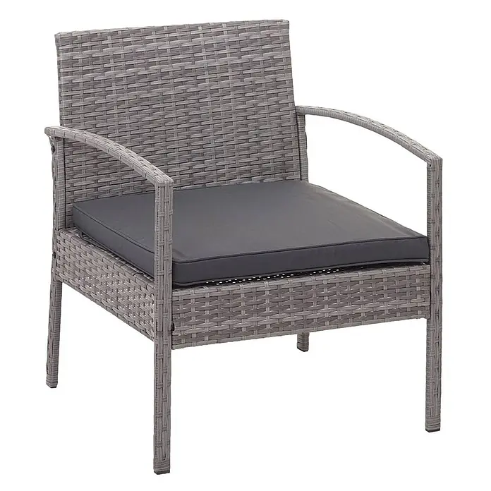 Poly-Rattan Garnitur | Balkon-/Garten-/Lounge-Set Sitzgruppe | Grau | Kissen Dunkelgrau -  - Grau geflochtener Outdoor-Stuhl mit dunkelgrauem Kissen.