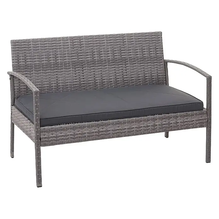 Poly-Rattan Garnitur | Balkon-/Garten-/Lounge-Set Sitzgruppe | Grau | Kissen Dunkelgrau -  - Graue Rattan-Gartenbank mit Armlehnen und dunkelgrauem Kissen.