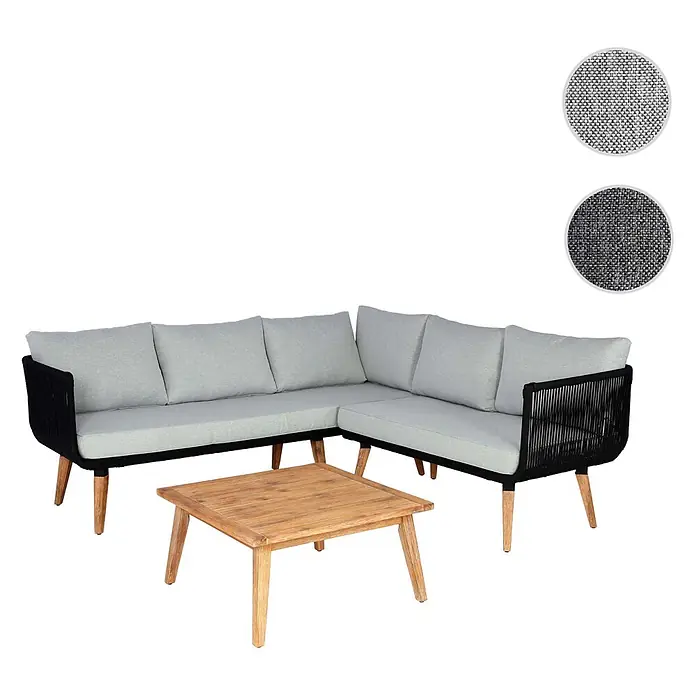 Mendler Loungemöbel-Set HWC-L30 - 3 -tlg., Holz, Polster hellgrau, Hellgrau - L-förmige Gartenlounge-Gruppe: hellgraue Kissen, schwarzer Geflechtrahmen, Holzfüße und quadratischer Holztisch. Inklusive Stoffmuster.
