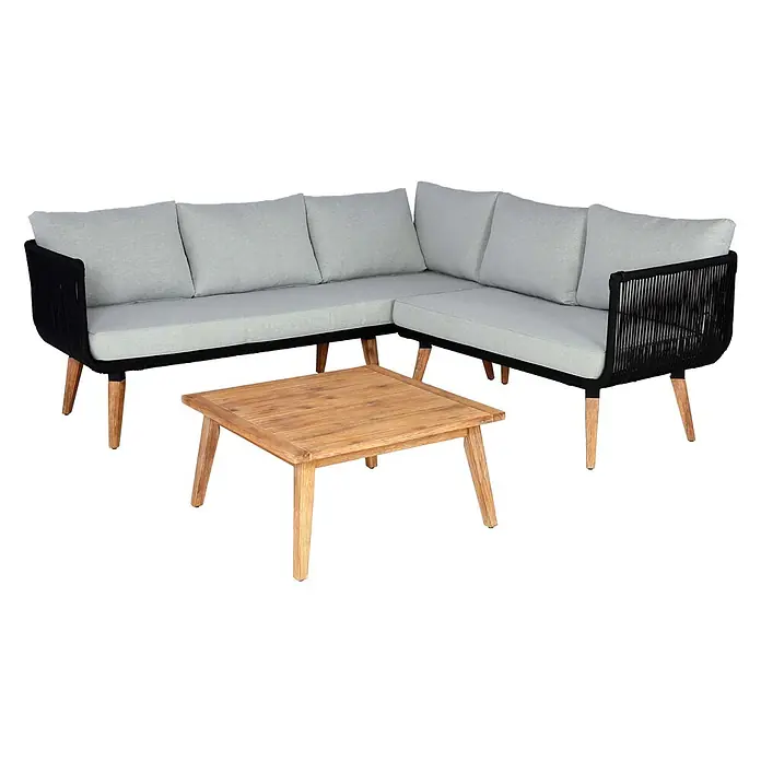 Mendler Loungemöbel-Set HWC-L30 - 3 -tlg., Holz, Polster hellgrau, Hellgrau - L-förmiges Outdoor-Lounge-Set mit schwarzem Geflechtrahmen, hellgrauen Kissen und Holzbeinen, dazu ein passender Couchtisch aus Holz.