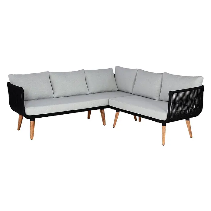 Garten-Garnitur | Garnitur Sitzgruppe Lounge-Set Sofa | Akazie Holz MVG-zertifiziert | Polster Hellgrau -  - L-förmiges Ecksofa mit hellgrauen Kissen, schwarzem Geflechtrahmen und hellen Holzbeinen.