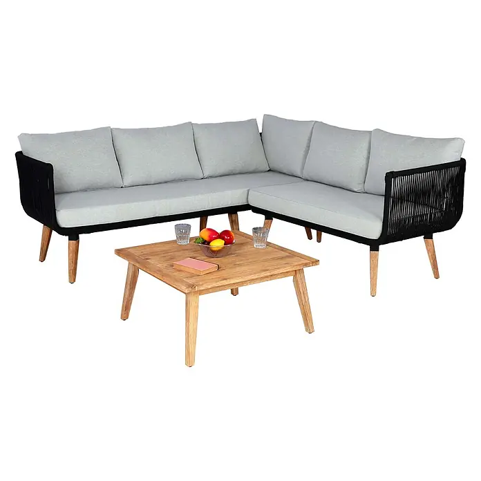 Garten-Garnitur | Garnitur Sitzgruppe Lounge-Set Sofa | Akazie Holz MVG-zertifiziert | Polster Hellgrau -  - Outdoor-Ecksofa mit schwarzem Seilgeflecht, hellgrauen Kissen und Holzbeinen, kombiniert mit einem passenden Holztisch.