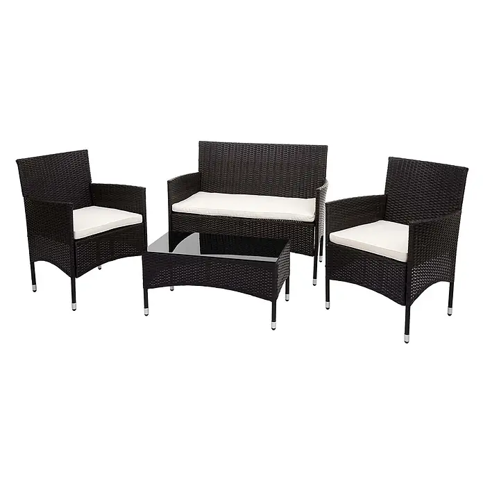 Poly-Rattan Garnitur | Balkon-/Garten-/Lounge-Set Sofa Sitzgruppe | Braun | Kissen Creme -  - Dunkelbraunes Rattan-Gartenmöbelset mit zwei Stühlen, einem Zweisitzer-Sofa, weißen Kissen und einem Couchtisch mit Glasplatte.