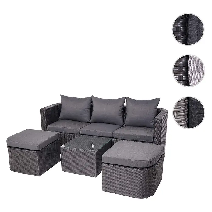 Mendler Loungemöbel-Set HWC-J37 - 4 -tlg., Rattan, Anthrazit, Kissen dunkelgrau, Anthrazit - Dunkelgraue Rattan-Gartenmöbelgarnitur mit Dreisitzer-Sofa, zwei Hockern und Couchtisch mit Glasplatte.