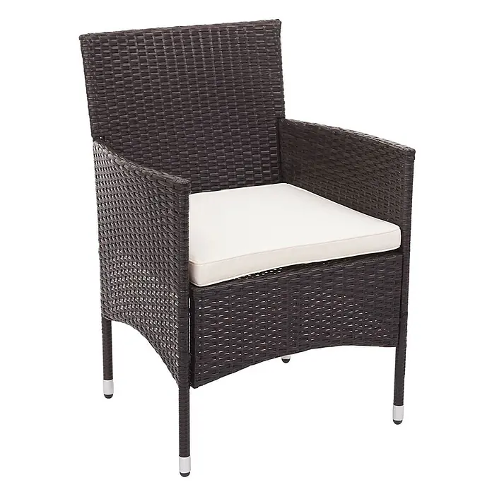 Poly-Rattan Garnitur | Balkon-/Garten-/Lounge-Set Sofa Sitzgruppe | Braun | Kissen Creme -  - Dunkelbrauner Polyrattan-Sessel mit cremefarbenem Kissen, für den Außenbereich geeignet.