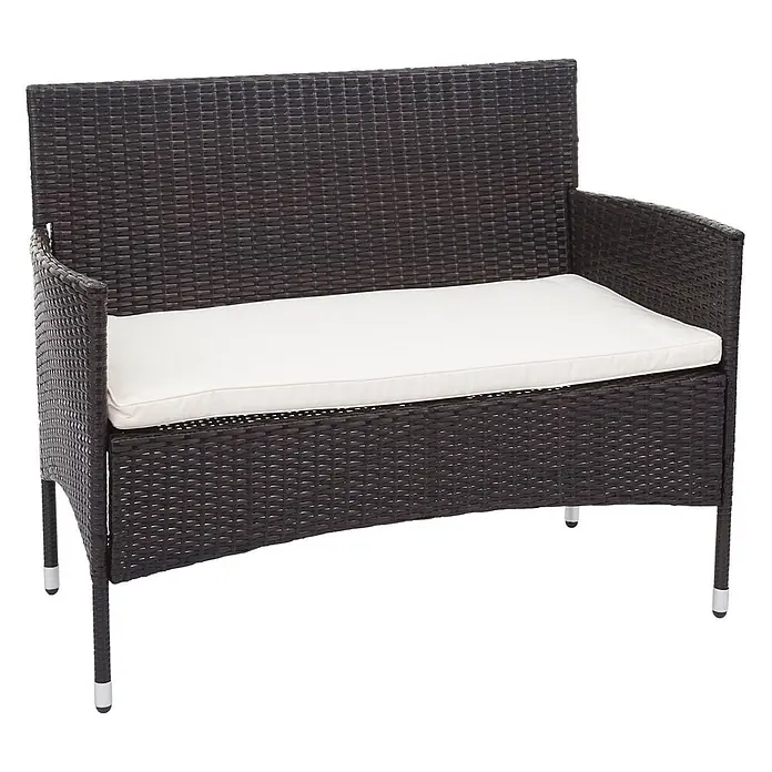 Poly-Rattan Garnitur | Balkon-/Garten-/Lounge-Set Sofa Sitzgruppe | Braun | Kissen Creme -  - Dunkelbraune Outdoor-Bank aus Polyrattan mit weißem Kissen.