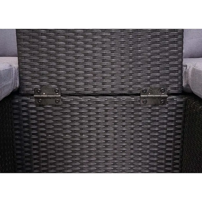 Mendler Loungemöbel-Set HWC-J37 - 4 -tlg., Rattan, Anthrazit, Kissen hellgrau, Anthrazit - Dunkelgraue Rattan-Look Aufbewahrungsbox mit zwei Metallscharnieren am Deckel.