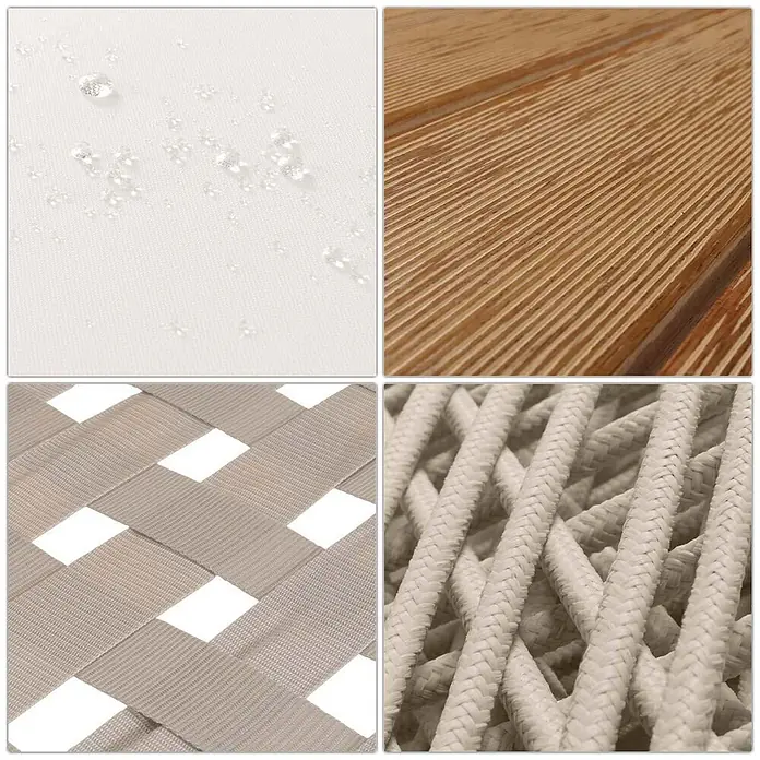 Mendler Gartengarnitur HWC-H56b Seilgeflecht Rope Holz Akazie - creme -  - Nahaufnahme-Collage aus vier Outdoor-Materialien: wasserdichter weißer Stoff, Lattenholz, gewebtes Gurtband und geflochtene Seile.