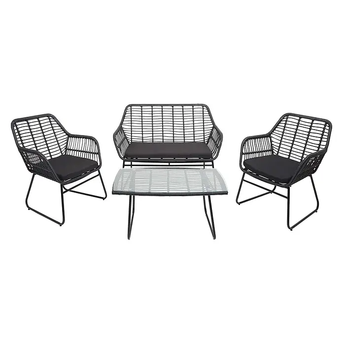 Polyrattan Garnitur | Garten Sofa Set Sitzgruppe Stuhl | Seil | Anthrazit | Polster Anthrazit ohne Dekokissen -  - Schwarze Rattan-Gartenmöbel mit zwei Sesseln, Zweisitzer-Sofa, Couchtisch mit Glasplatte, schwarzen Kissen und Metallbeinen.