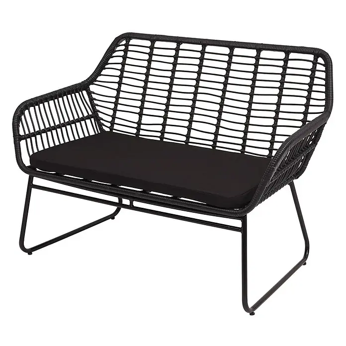 Polyrattan Garnitur | Garten Sofa Set Sitzgruppe Stuhl | Seil | Anthrazit | Polster Anthrazit ohne Dekokissen -  - Schwarze Outdoor-Bank aus geflochtenem Material mit Metallrahmen und schwarzem Sitzkissen.