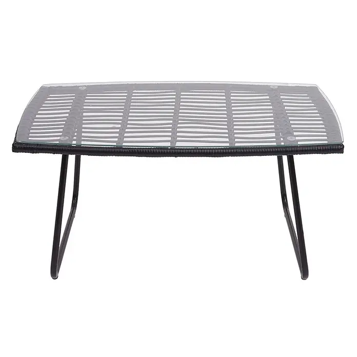 Polyrattan Garnitur | Garten Sofa Set Sitzgruppe Stuhl | Seil | Anthrazit | Polster Anthrazit ohne Dekokissen -  - Schwarzer Rattan-Glastisch für den Außenbereich mit schwarzen Metallbeinen.