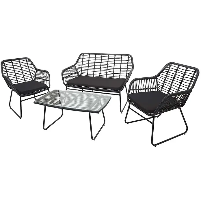 Polyrattan Garnitur | Garten Sofa Set Sitzgruppe Stuhl | Seil | Anthrazit | Polster Anthrazit ohne Dekokissen -  - Schwarze Rattan-Gartenmöbelgarnitur mit zwei Sesseln, einem Sofa und einem Couchtisch mit Glasplatte, alle mit schwarzen Kissen und Metallrahmen.