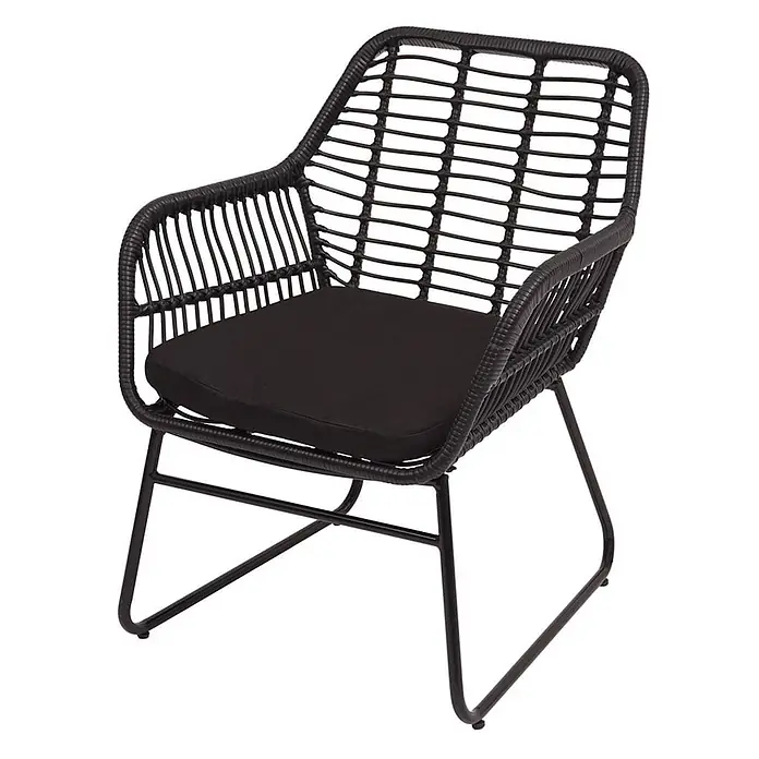 Polyrattan Garnitur | Garten Sofa Set Sitzgruppe Stuhl | Seil | Anthrazit | Polster Anthrazit ohne Dekokissen -  - Schwarzer Sessel aus geflochtenem Rattan mit schwarzem Kissen und Metallgestell.