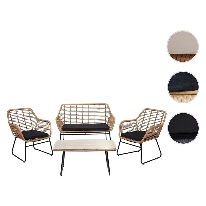 Polyrattan Garnitur | Garten Sofa Set Sitzgruppe Stuhl | Seil | Anthrazit | Polster Anthrazit ohne Dekokissen -  - 4-teiliges Gartenmöbelset: zwei Rattan-Sessel, ein Rattan-Sofa mit schwarzen Kissen und ein Rattan-Tisch mit Glasplatte auf schwarzen Metallgestellen.
