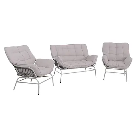 Lounge-Set | Gartengarnitur Sofa Sitzgruppe | Stoff 220g/m2 Poly-Rattan Metall | Hellgrau | Polster Beige